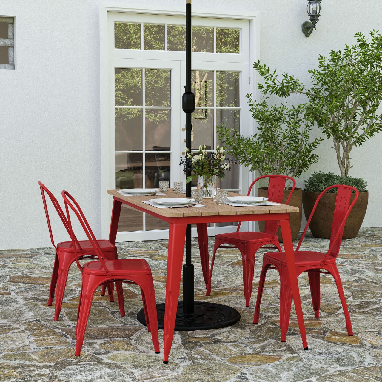 Merrick Lane Dryden Indoor/Outdoor Dining Table with Umbrella Hole, 30" x 60" All Weather Poly Resin Top and Steel Base